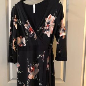 Floral Black and Pink Faux Wrap Dress